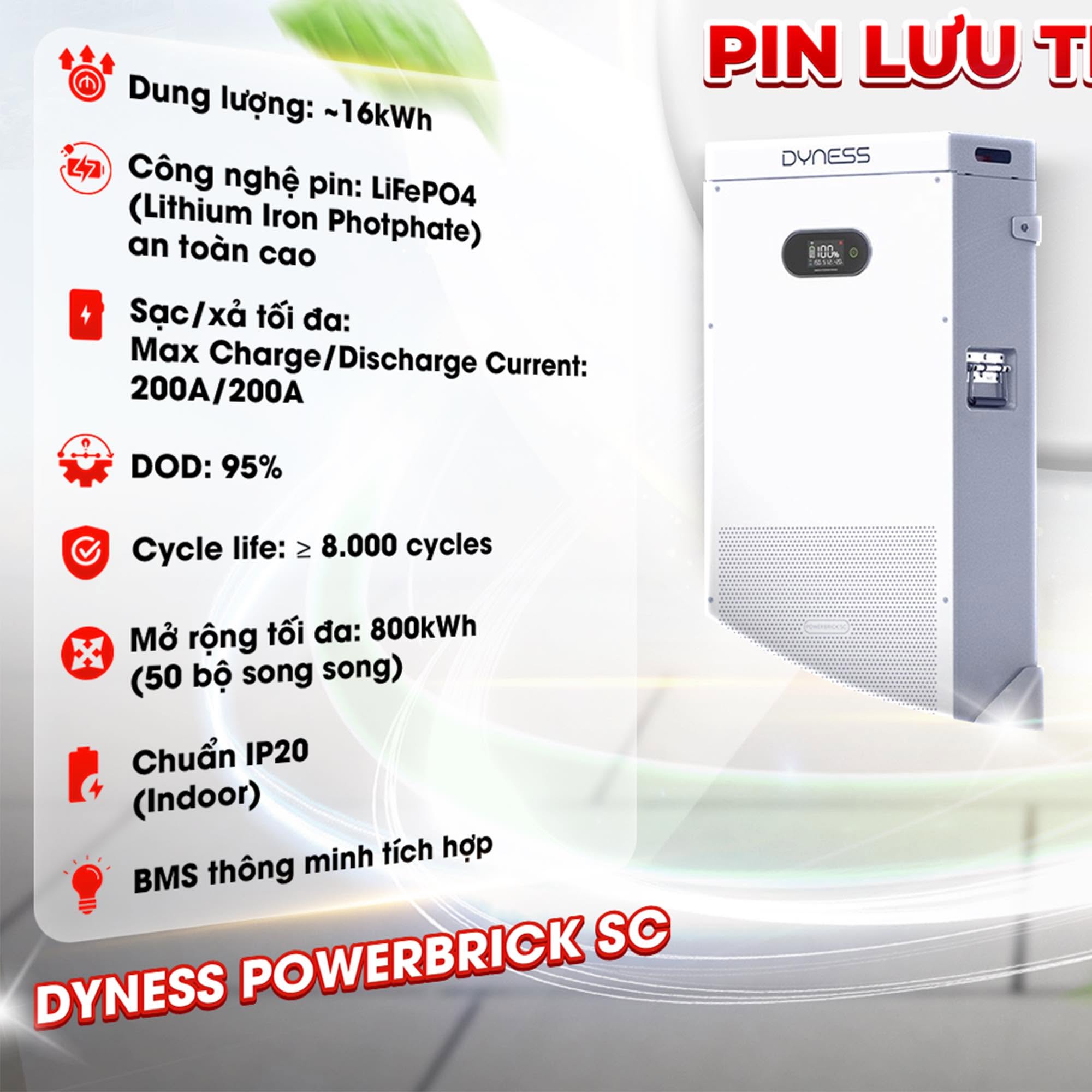Thông số pin Dyness Powerbrick SC 16kWh, chuẩn IP20 lắp trong nhà