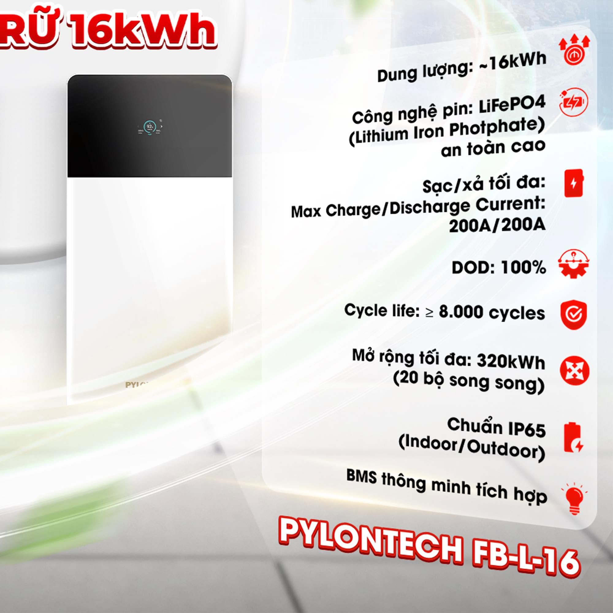 Thông số pin Pylontech FB-L-16 16kWh, độ sâu xả DOD 100%