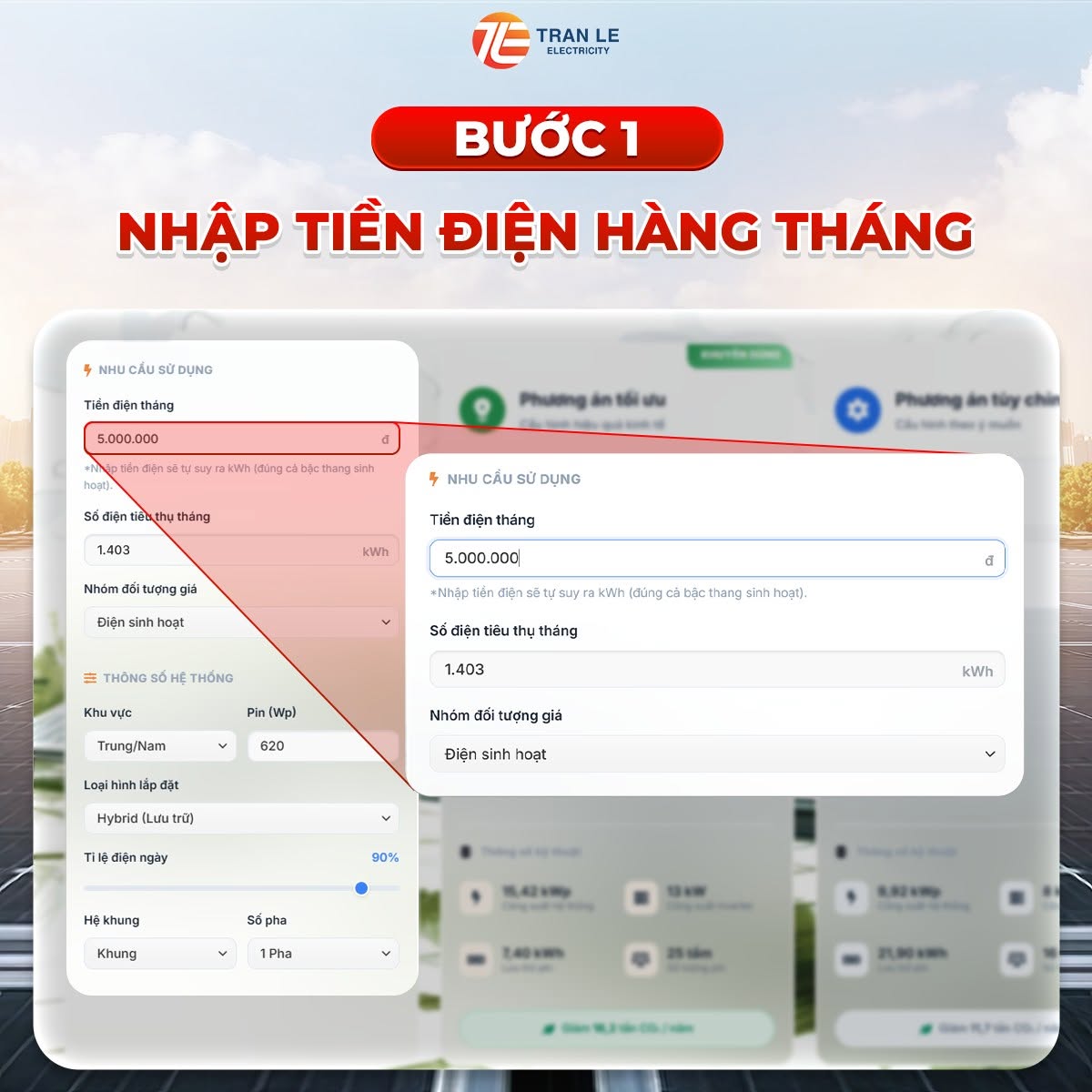 Nhập tiền điện hàng tháng công cụ tính toán điện mặt trời