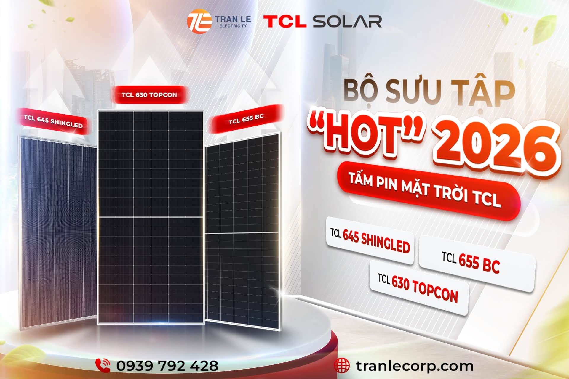 tấm pin mặt trời TCL Solar bộ sưu tập 2026 gồm TCL 645 Shingled, TCL 630 TOPCon, TCL 655 BC