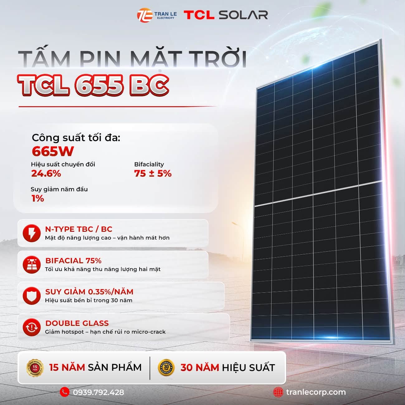 tấm pin mặt trời TCL 655 BC công suất 665W công nghệ Back Contact
