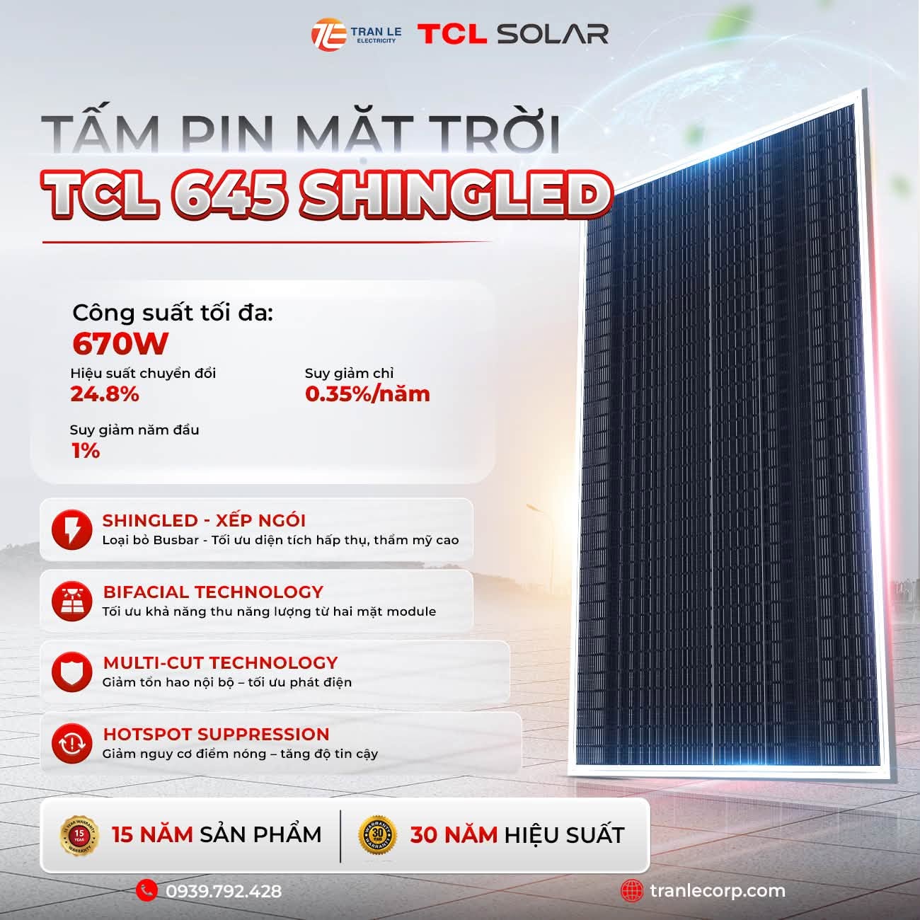 tấm pin mặt trời TCL 645 Shingled công suất 670W hiệu suất 24.8%