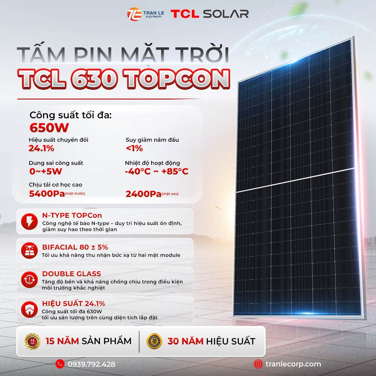 tấm pin mặt trời TCL 630 TOPCon công suất 650W công nghệ N-Type