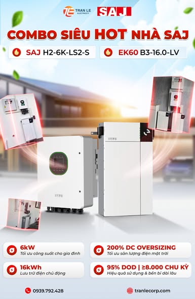 Combo điện năng lượng mặt trời có lưu trữ SAJ H2-6K-LS2-S 6kW và pin EK60 B3-16.0-LV 16kWh