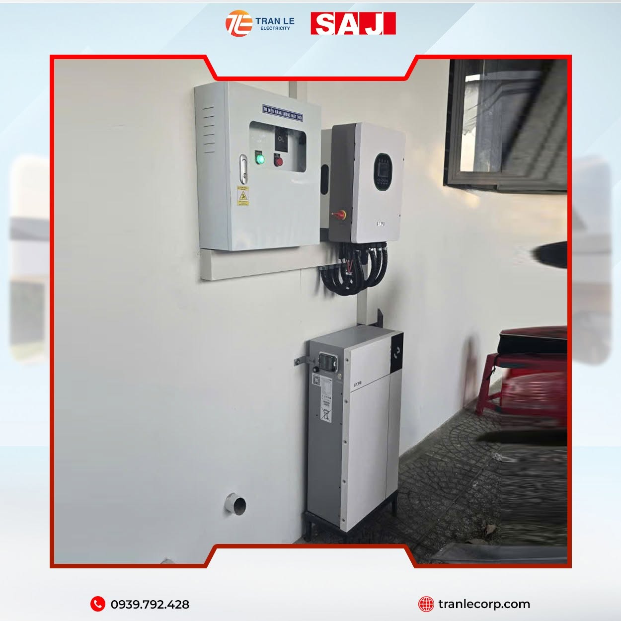 Công trình điện năng lượng mặt trời có lưu trữ với inverter hybrid SAJ H2-6K, tủ điện và pin EK60 treo tường