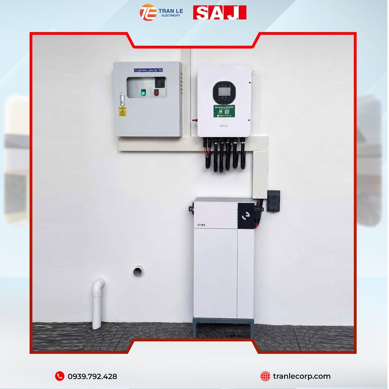 Hệ thống điện năng lượng mặt trời có lưu trữ SAJ H2 + pin B3 lắp gọn gàng, đi dây ống bảo vệ