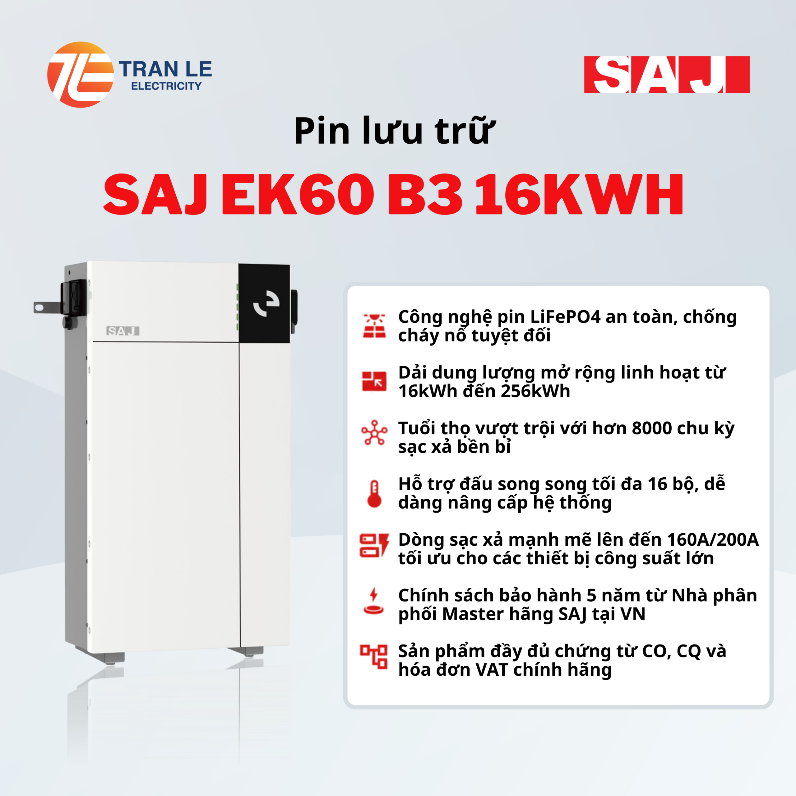 Pin lưu trữ SAJ EK60 B3 16kWh công nghệ LiFePO4 phân phối tại Tran Le Electricity
