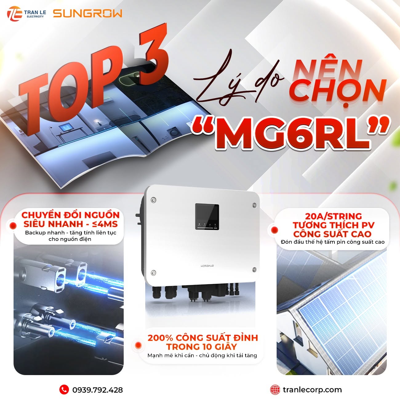 Biến tần hybrid Sungrow MG6RL lắp cho hệ thống điện mặt trời gia đình
